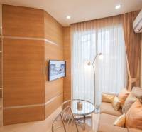 Living room in a two-room apartment, seating, curtains, TV, and wooden wall paneling.