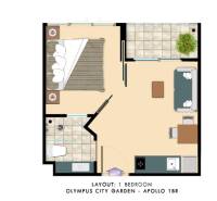 Floor plan of a 2-room apartment with a balcony, kitchen, bathroom, and bedroom.