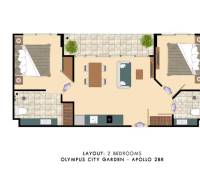 Floor plan of a 3-room apartment with two bedrooms, a kitchen, a living room, a terrace, and two bathrooms.