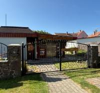 The gate of the family house in Koválov, clad with a decorative wrought iron fence and a stone wall.
