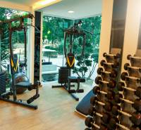 A gym under construction in an apartment building with views of the park through glass walls.