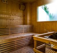 Wooden sauna with a glass window and the real estate agency's logo.