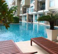 A swimming pool during the construction of apartments in Pattaya, surrounded by greenery and loungers.