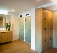 A bathroom with wooden furniture and a sink as part of apartment construction.