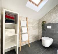 A bathroom in a holiday apartment with a towel shelf and a skylight.