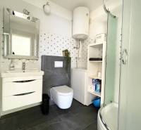 Bathroom in a holiday apartment with toilet, shower, sink, and boiler.