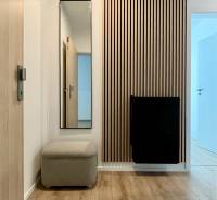 A hallway with wooden paneling and a mirror in a 2-room apartment.