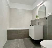 Bathroom with a bathtub, sink, mirror, and toilet in a 2-room apartment.