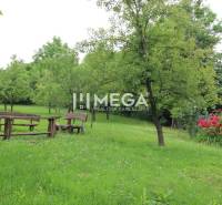 The garden of the Brekova family house with wooden seating and trees on a grassy area.