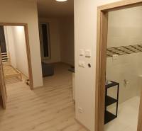 Interior of a 1-room apartment with a light floor, part of the living room and bathroom.