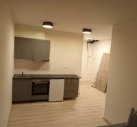 Kitchen corner in a studio apartment with flooring and light furniture.