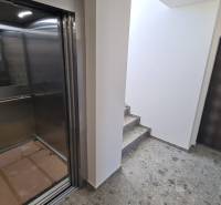 Hallway with an elevator and entrance doors in an apartment building.