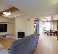 Living room with a TV, fireplace, and dining area in a family house.