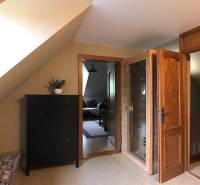 The attic of a family house with a wooden infrared sauna and a black dresser.