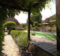 A garden with a pool and a stone path in a family house in Podbranč.