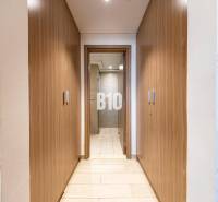 A narrow hallway with built-in wooden wardrobes and a view into the bathroom in a 3-room apartment.