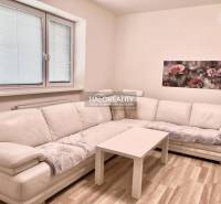 A bright living room in a three-room apartment with a white sofa and a painting of flowers on the wall.