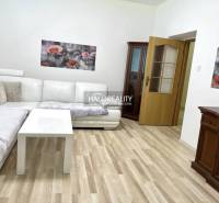 A bright living room in a 3-room apartment with a white sofa and wooden furniture.