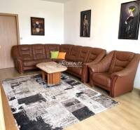 Leather sofa set in the living room of a three-room apartment. Paintings hang on the wall.