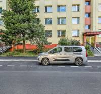 Landau Street in Bratislava-Dúbravka with a residential building and a parked car in front of it.
