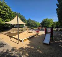 Playground with a sandbox and slide in Bratislava - Dúbravka on Landauova Street.
