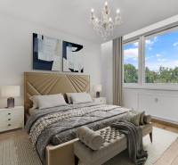 A stylish bedroom with a light bed, chandelier, and large window in a 4-room apartment.