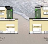 Floor plan of two apartments with one bedroom, kitchen, living room, terrace, and bathroom.