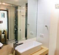 A bathroom in a 2-room apartment with a modern shower and sink.