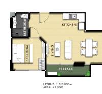 Floor plan of a 2-room apartment with a kitchen, living room, terrace, and bathroom.