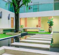 Interior atrium with water feature and greenery, Apartment construction.