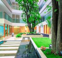 Construction of apartments with an indoor garden and water features, including elegant pathways and greenery.