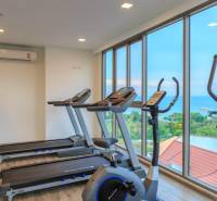 A gym with treadmills and dumbbells, sea view. Apartment construction.