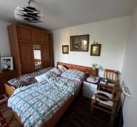A bedroom in a family house with a wardrobe, a bed, and wall paintings.