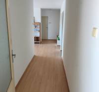 A hallway with a wooden floor and white walls leading to a door in a family house.