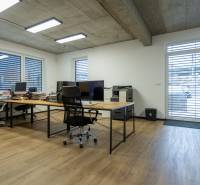 Offices with wooden floors, work desks, and comfortable chairs.