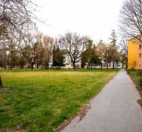 The sidewalk on Boriny Street leads past a 3-room apartment with a view of greenery.