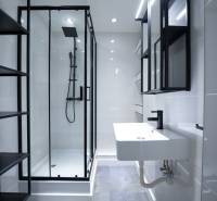 Modern bathroom with dark accessories and a shower in a 3-room apartment on Boriny Street.