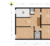 Floor plan of a family house with a bathroom, toilet, and four rooms.