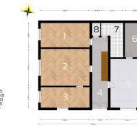 Floor plan of a family house with three rooms, a kitchen, a hallway, a bathroom, and a toilet.