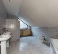 A bathroom in a family house with two sinks, a bathtub, and a sloped ceiling.