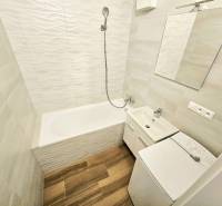 A bathroom in a 3-room apartment with a bathtub, sink, and washing machine.