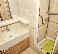 Bathroom with a sink, shower corner, and tiling in a 3-room apartment.