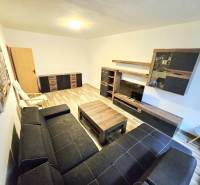 Living room in a 3-room apartment with a black sofa, furniture, and wooden flooring.