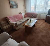 Living room in a 3-room apartment with a sofa, carpet, and wall decoration.
