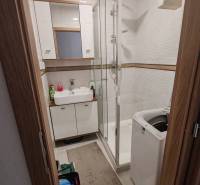 Bathroom in a 3-room apartment with a shower, sink, and washing machine.