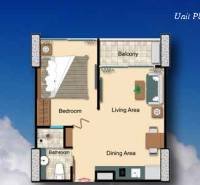 Floor plan of a 2-room apartment with a balcony, living room, and bedroom.