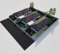 Visualization of three family houses in the village of Veselé on Veselé Street with gardens.