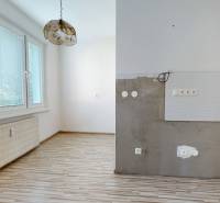 A room with windows, a radiator, and kitchen preparation in a 4-room apartment.