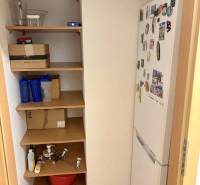 Storage space with shelves and a refrigerator in a 2-room apartment.