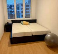 A bedroom with a bed, a nightstand, and an exercise ball in a two-room apartment.